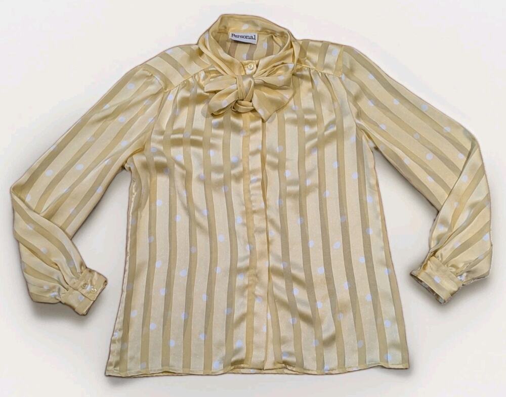 Vintage 80s Personal Womens S Yellow Polka Dot Bow Sheer Blouse Secretary